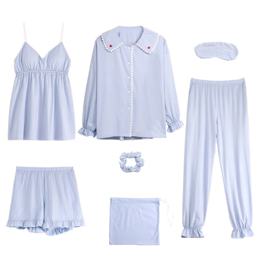 Blue Cotton Seven-Piece Pajamas Set