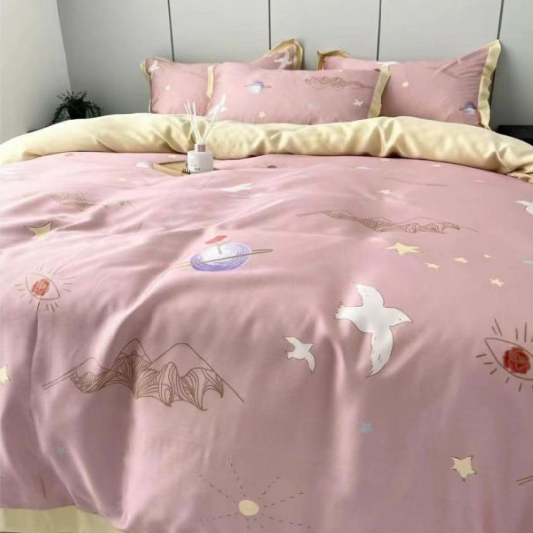 60s Lenzing Tencel Silk Summer Quilt 4 in 1 Bedding Sets Pink Planet