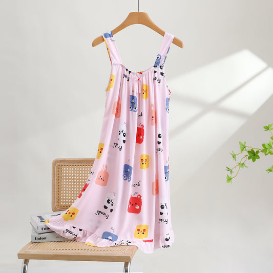 Viscose Summer Strap Nightgown-Pink Zoo