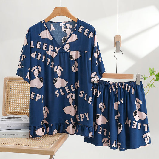 Thin Cotton Summer Short Sleeve Pajama Set - Snoopy - Women's Style Blue