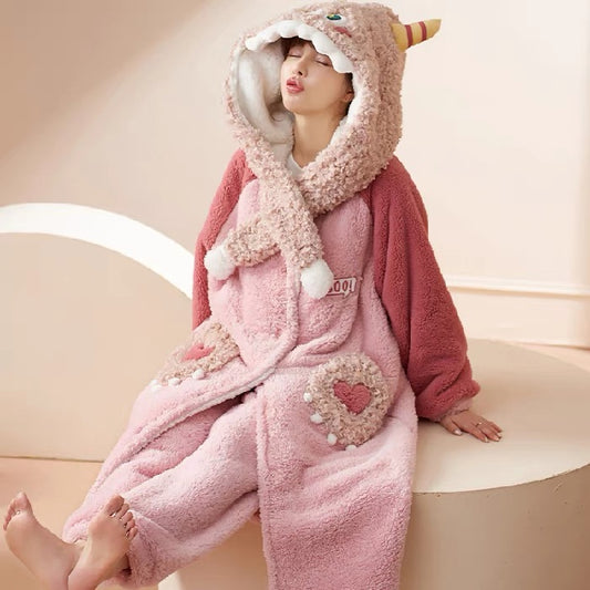 Winter Ultra Warmth Coral Fleece Gown Set Cute Monster Berry Pink