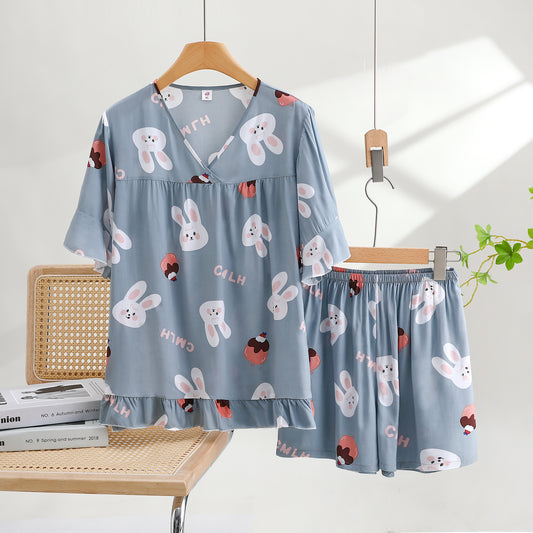 Thin Cotton Summer Short Sleeve Pajama Set-Bunny Cake