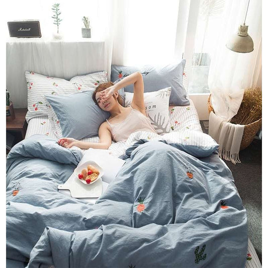 Water-washed Cotton Embroidered Pillow Cases Blue