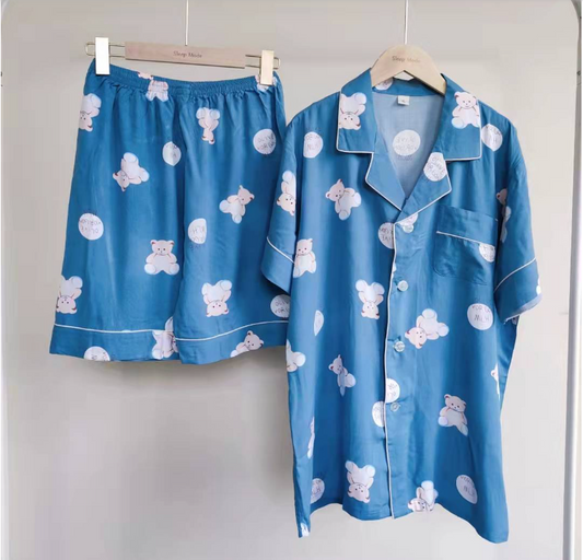 Thin Cotton Summer Short Sleeve Pajama Set Blue Bear-Male