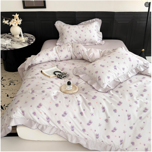 100s Long Staple Cotton Four Piece Bedding Set Delicate Purple Blooms