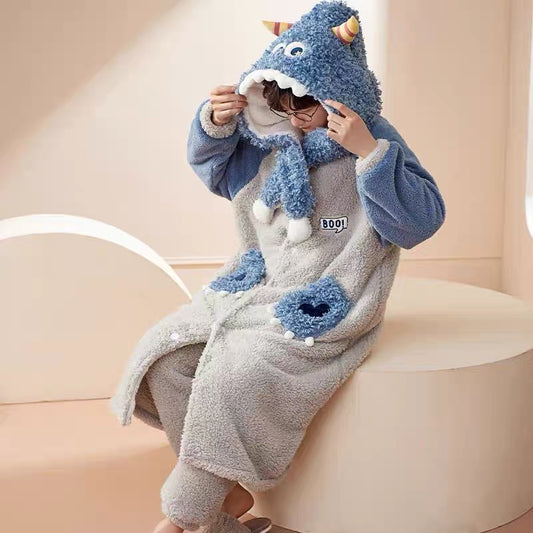 Winter Ultra Warmth Coral Fleece Gown Set Cute Monster Blue