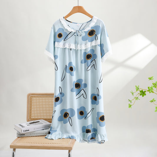 Thin Cotton Summer Nightgown - Cute Little Flowers- Blue