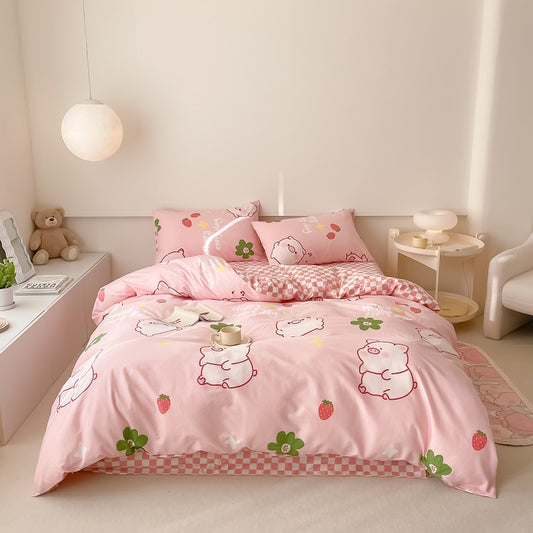 40S Pure Cotton Reversible Strawberry Pig- 4 in 1 bedding sets