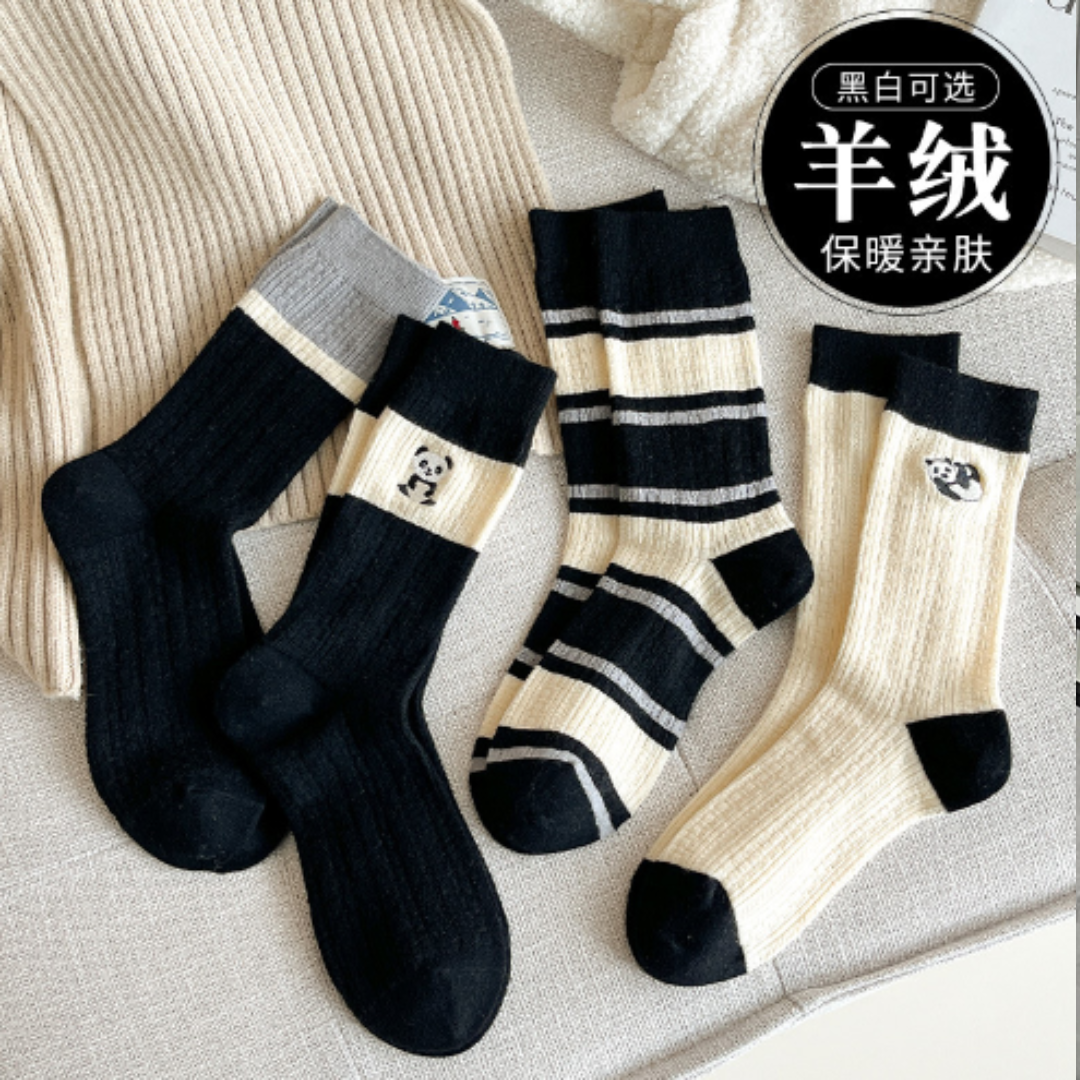 Woolen Warm Black and White Cotton Socks - Panda