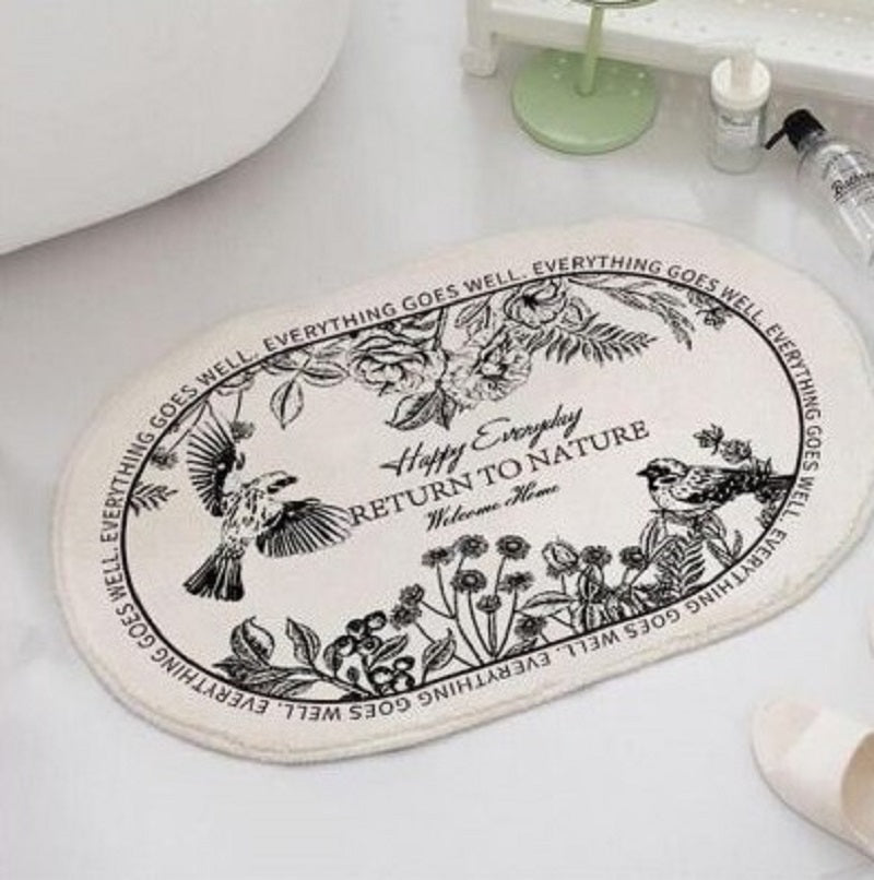 Faux Lambswool Bathroom Absorbent Non-slip Rug Leaves and Birds