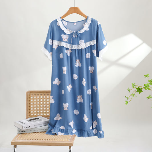 Thin Cotton Summer Nightgown Blue Bear