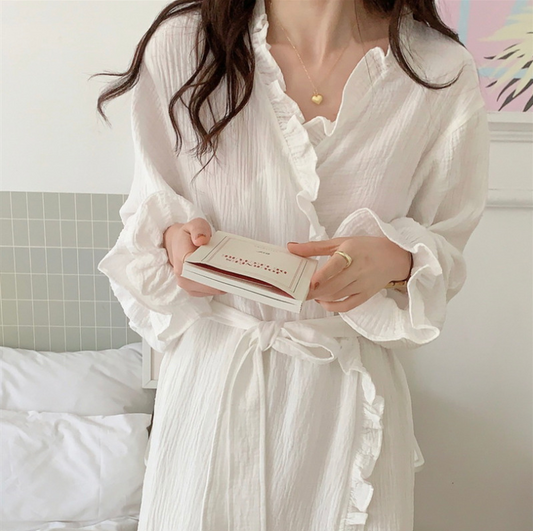 Baby Cotton Bubble Gauze Home Wear - Simple Pure White Lace Robe