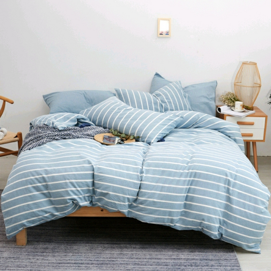 Water-washed Cotton Embroidered Duvet Covers Blue and White Stripes