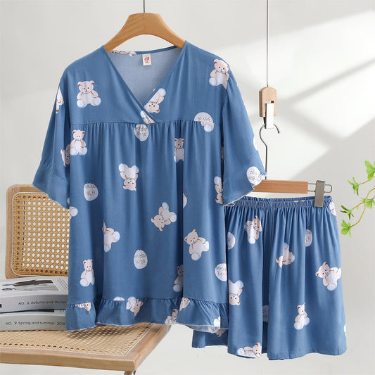 Thin Cotton Summer Short Sleeve Pajama Set Blue Bear-Female