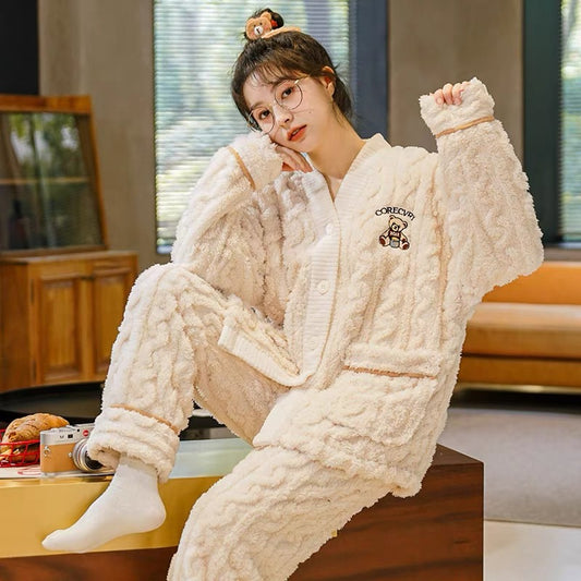 Coral Fleece Super Comfortable Homewear Set Couple Pure White Bear