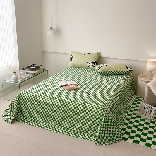 40s Pure Cotton Fitted Sheet 3 in 1 Bedding Sets Panda Green Plaid