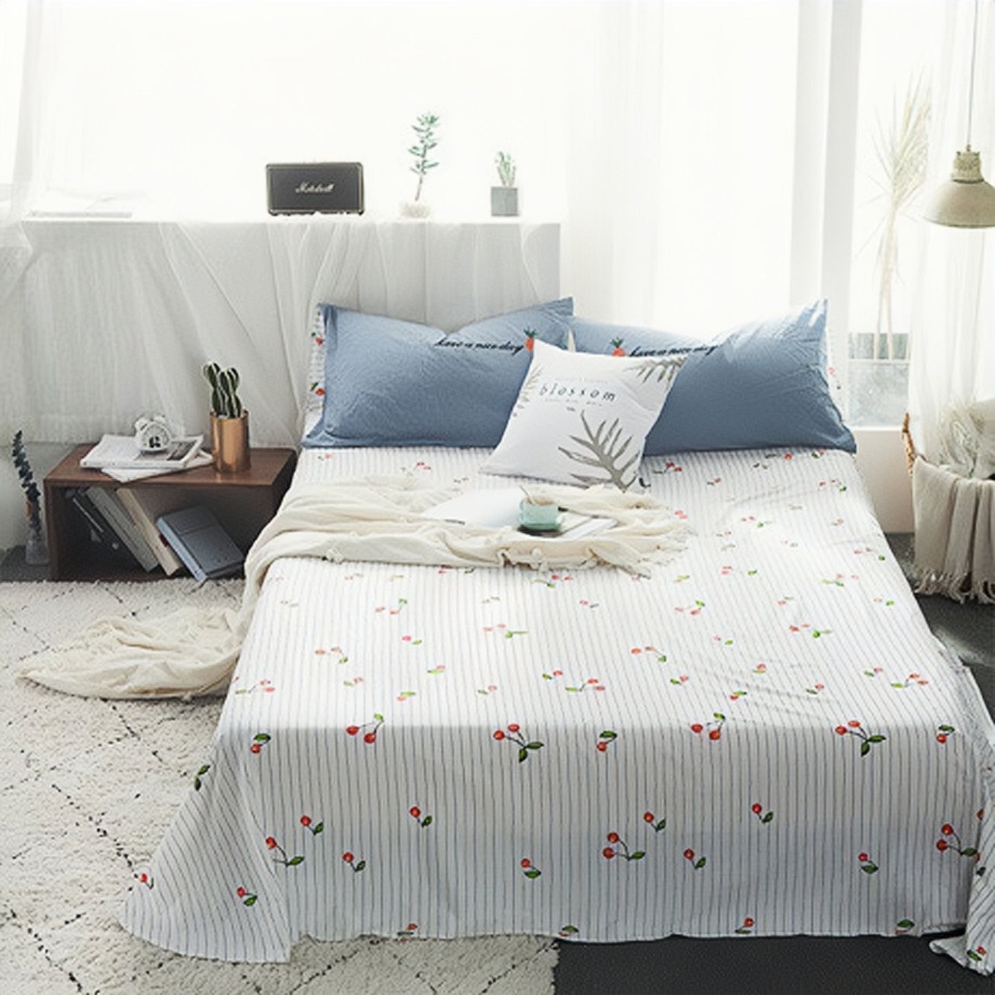 Water-washed Cotton Embroidered Flat Sheet Cherry