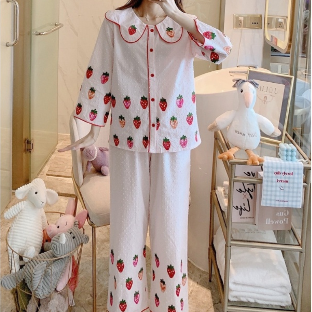 Strawberry Pearl Cotton Embroidered Pajamas
