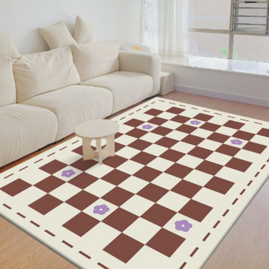 Faux Lambswool Modern Living Room Rug Checkered Flowers Brown