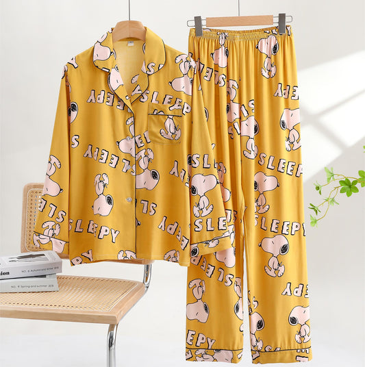 Thin Cotton Spring/Autumn Long-sleeve Pajama Set - Snoopy - Yellow-Female
