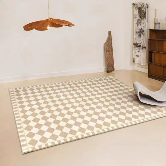 Faux Lambswool Modern Living Room Rug Cream Checkered