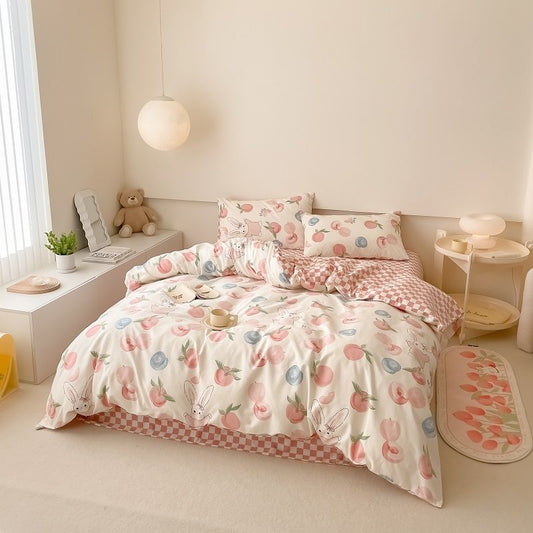 40S Pure Cotton Reversible 3 in 1 Bedding Sets Peach Rabbit