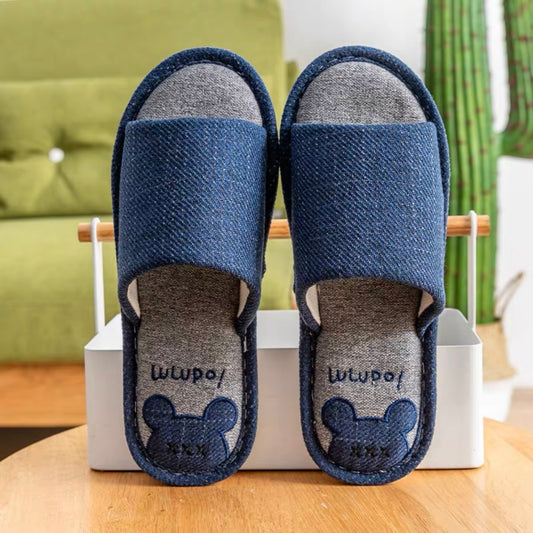 Four Seasons Comfortable Linen Slippers Open-mouthed Mickey Head Blue