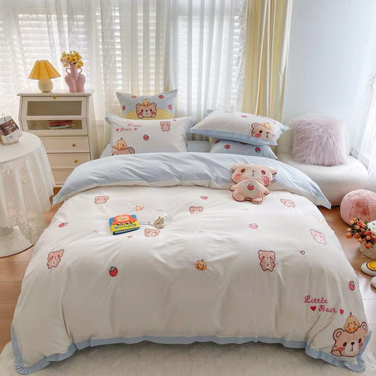 Water-washed Cotton Embroidered 4 in 1 Bedding Sets Chick Bear White