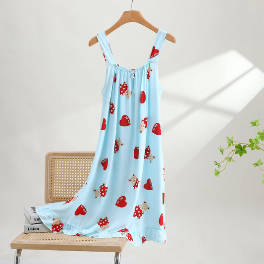 Viscose Summer Strap Nightgown-Blue Heart Bear