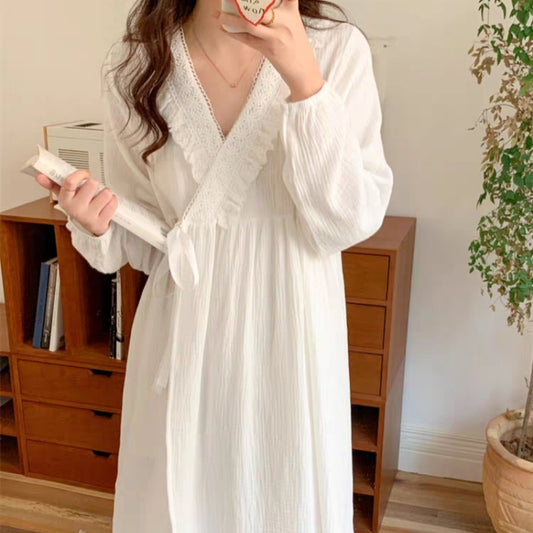Baby Cotton Bubble Gauze Home Wear - Princess Style Lace Pure White Robe