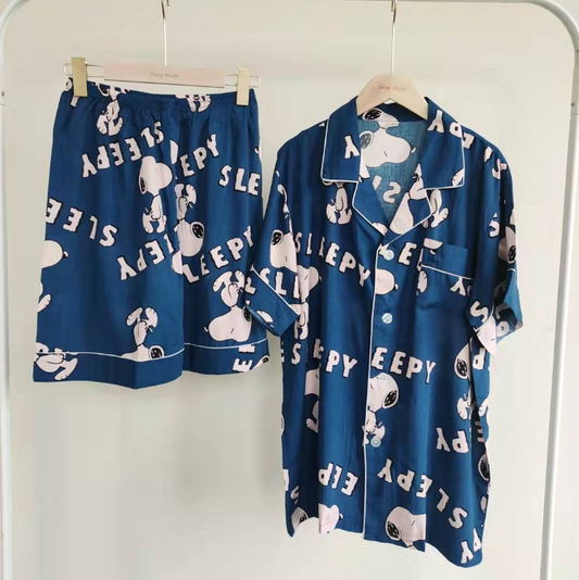 Thin Cotton Summer Short Sleeve Pajama Set - Snoopy - Men's Style Blue