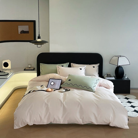 40S Pure Cotton Reversible 4 in 1 Bedding Sets Pink Green Wave Space