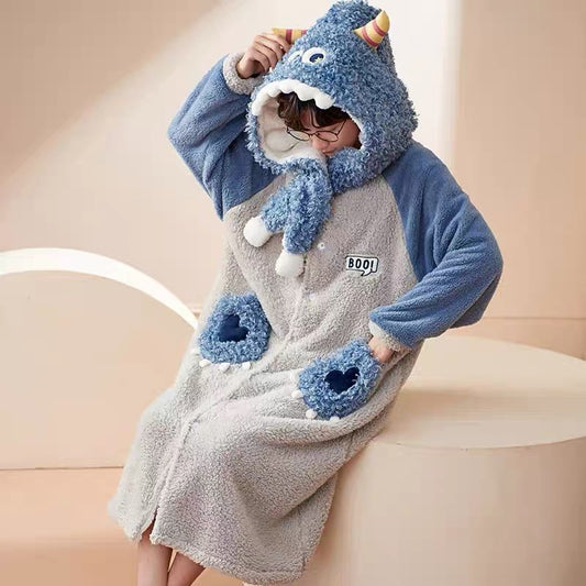 Winter Ultra Warmth Coral Fleece Gown Cute Monster Blue