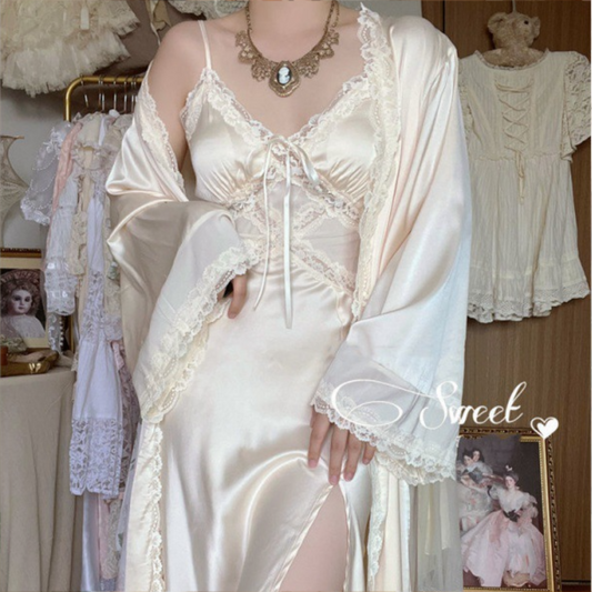 Ice Silk Palace Style Pure White Two-piece Robe Set