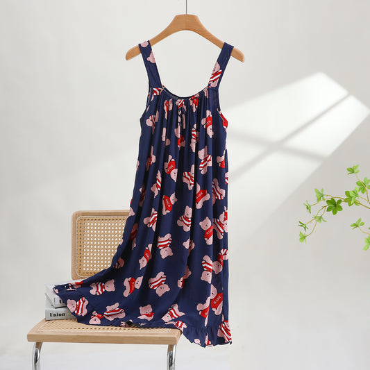 Thin Cotton Summer Viscose Summer Strap Nightgown - Blue Bear