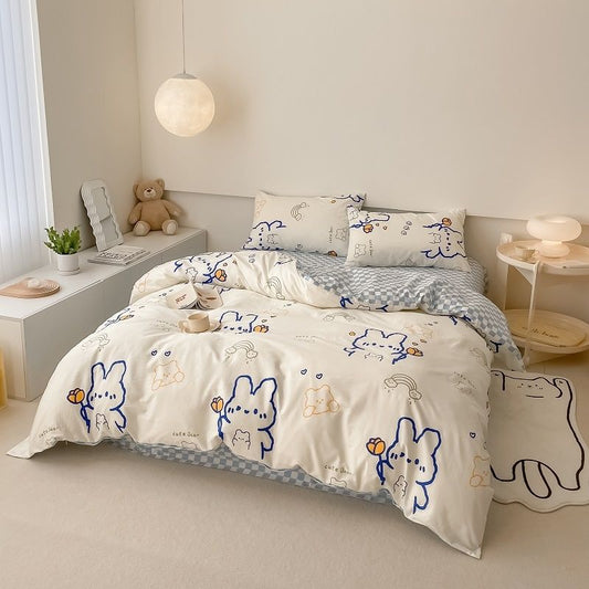 40S Pure Cotton Reversible 3 in 1 Bedding Sets Blue Line Rabbit