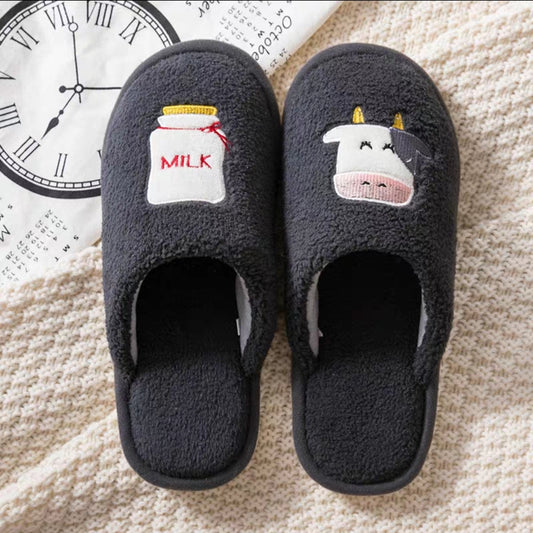 Winter Fluffy and Cute Warm Slippers Cute Cow Black