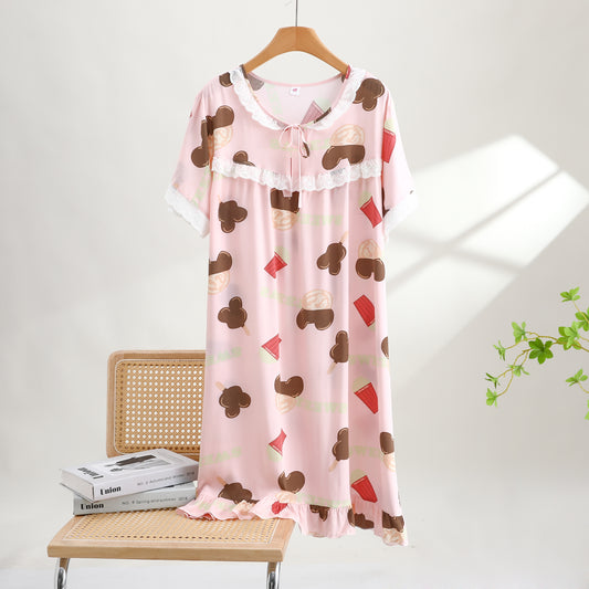 Thin Cotton Summer Nightgown Mickey-Pink