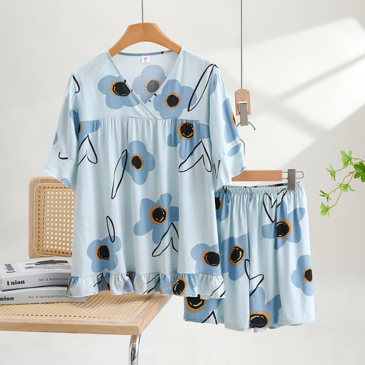 Thin Cotton Summer Short Sleeve Pajama Set - Cute Little Flowers-Blue