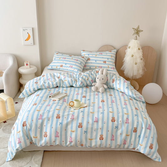 40S Pure Cotton Reversible 3 in 1 Bedding Sets Striped Teddy Bear